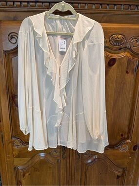 Free People Ivory Ruffled V-Neck Blouse